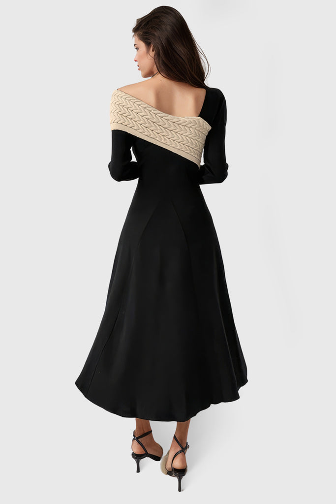 Midi-jurk met gebreid detail - Zwart