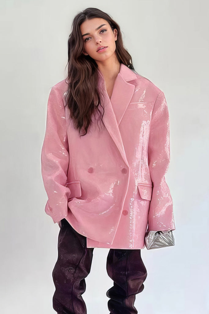 Oversized dobbeltradet blazer med pailletter - pink