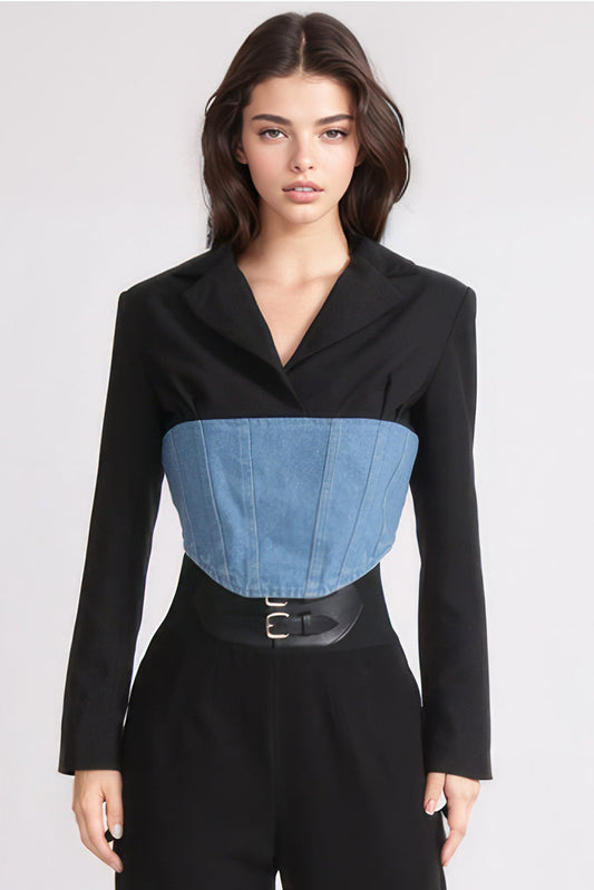 Blazer court avec corset en denim à la taille - Noir