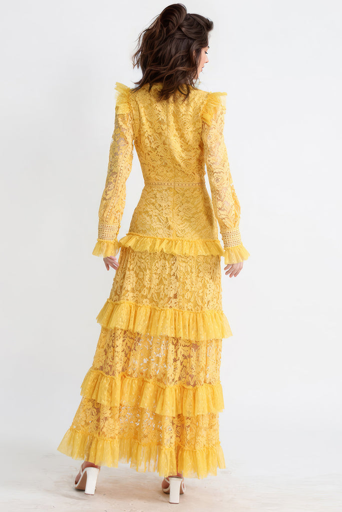 Teksturowana sukienka maxi z długim rękawem - żółta