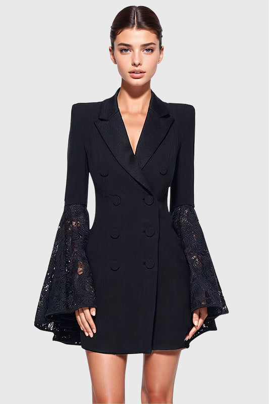 Robe blazer à manches en dentelle - Noir