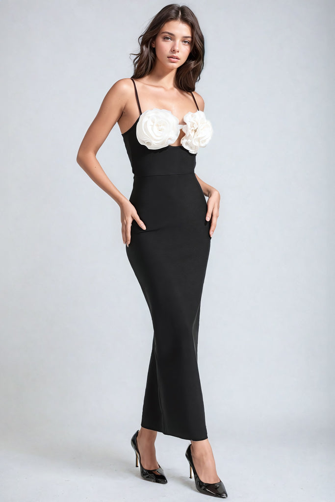 Midi Dress with Flower Bra Detail - Black