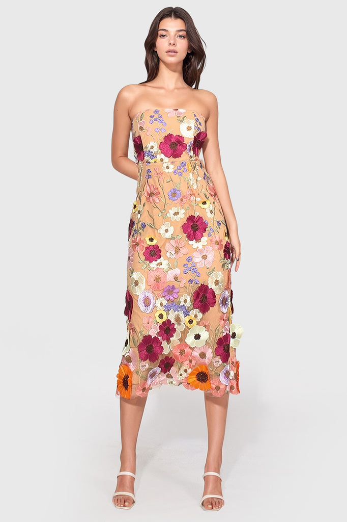 Kwiatowa sukienka midi bez ramiączek - beżowa
