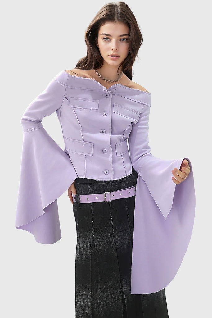 Off Shoulders Shirt with Extra Long Sleeves - Purple