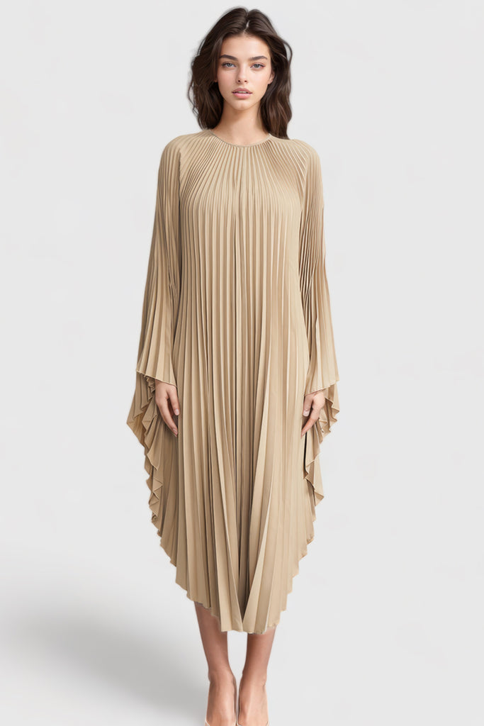 Pleated Maxi Dress with Long Sleeves - Beige