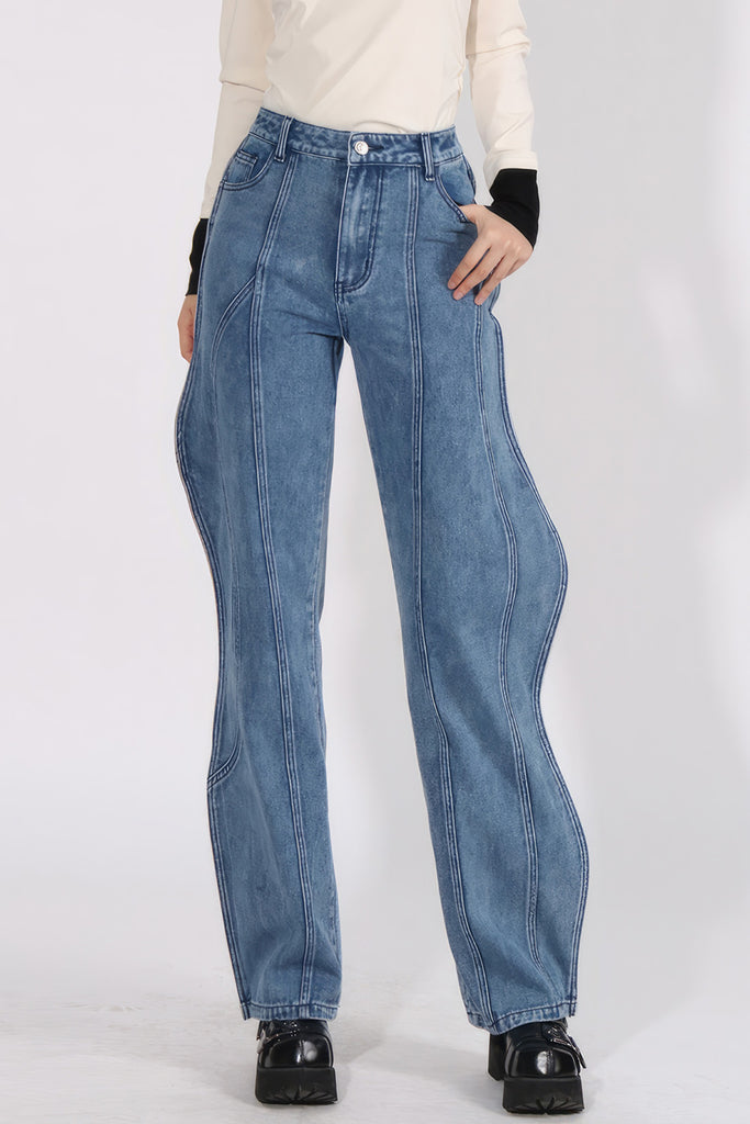 Gewellte Jeans mit hoher Taille - Blau