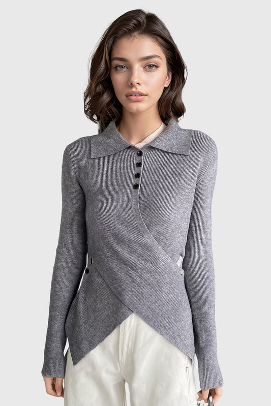 Top de punto con cuello y dobladillo irregular - Gris