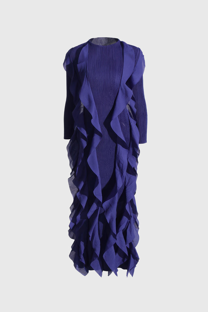 Vestido de manga comprida com folhos - Azul escuro