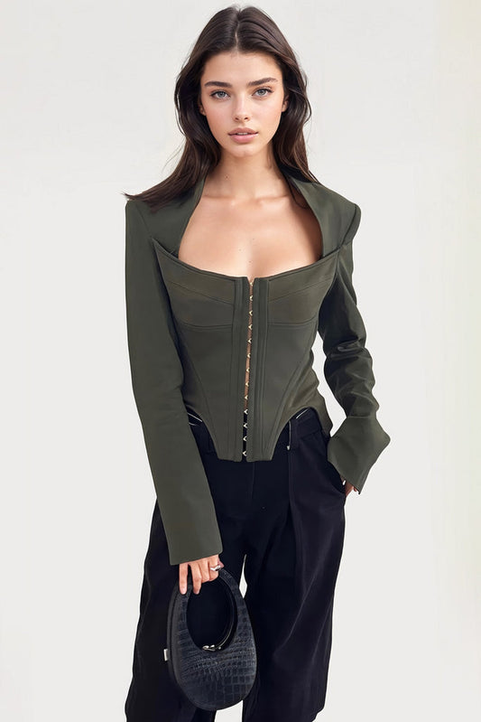 Long Sleeve Top with Square Neckline - Green