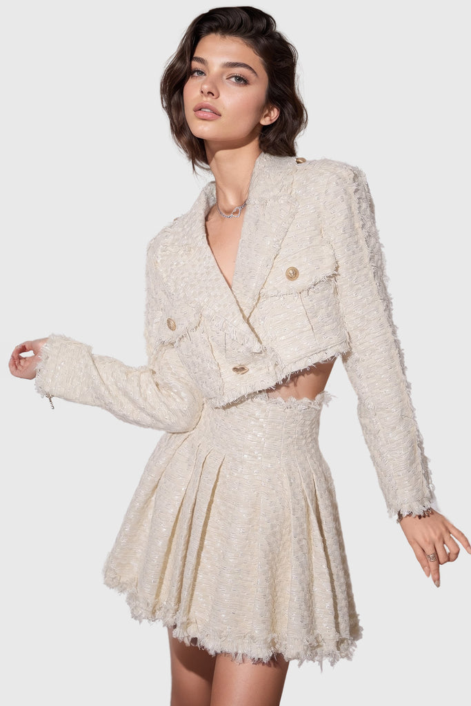 Textured Jacket and Skirt Set - Beige