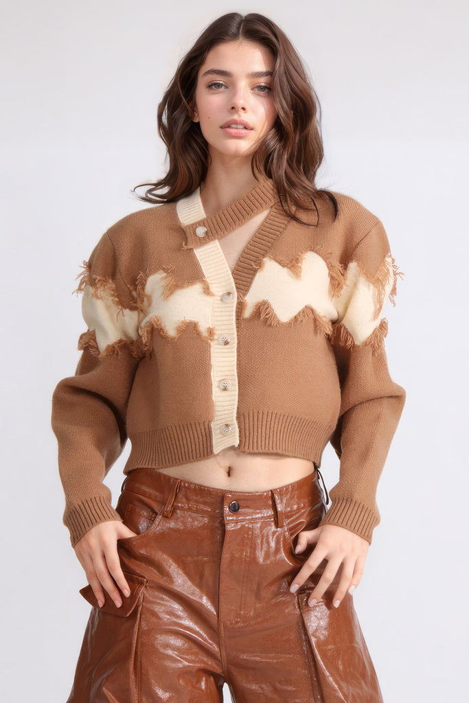 Buttoned Cardigan with Neckline Detail - Brown