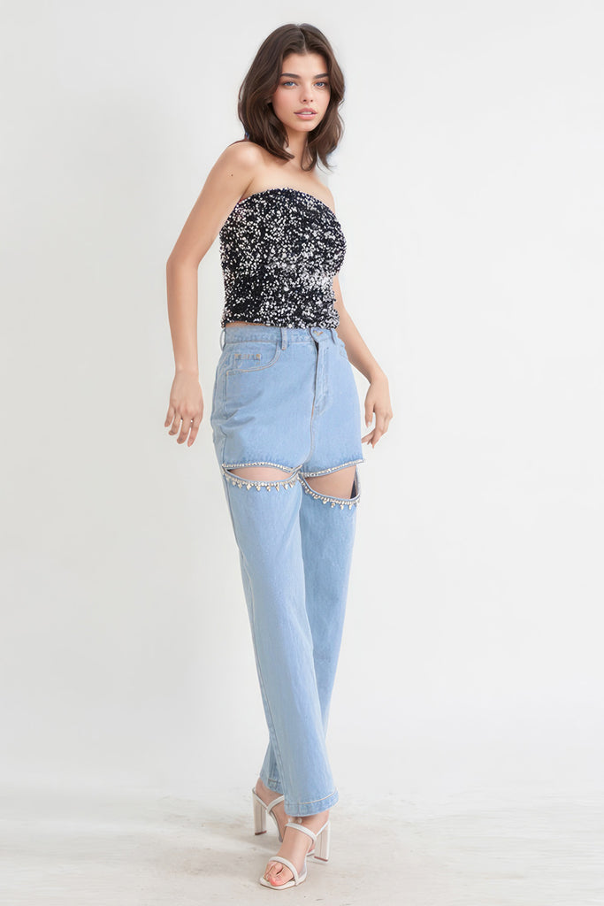 Jeans met hoge taille en uitsnijdingen - Blauw