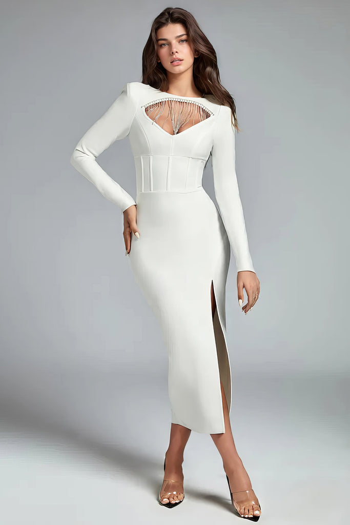 Midi Dress with Front Cut and Slit - White