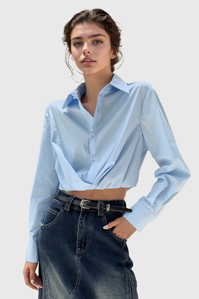 Cropped skjorte med elastisk kant - blå
