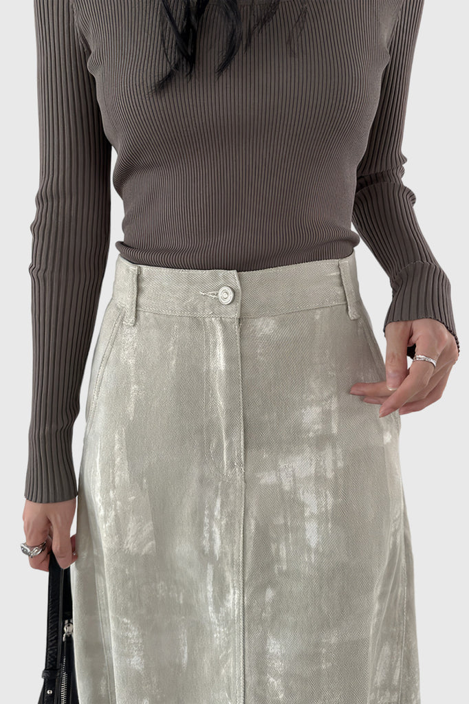Falda midi de cintura alta en tejido estampado - Gris