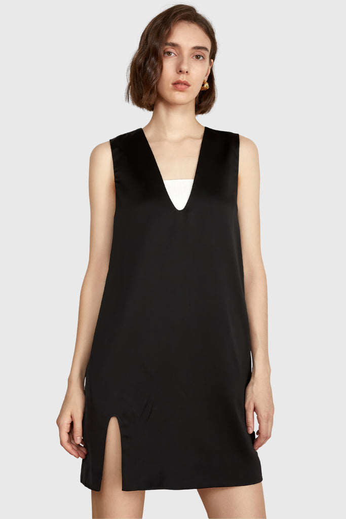 V-Neck Casual Mini Dress - Black