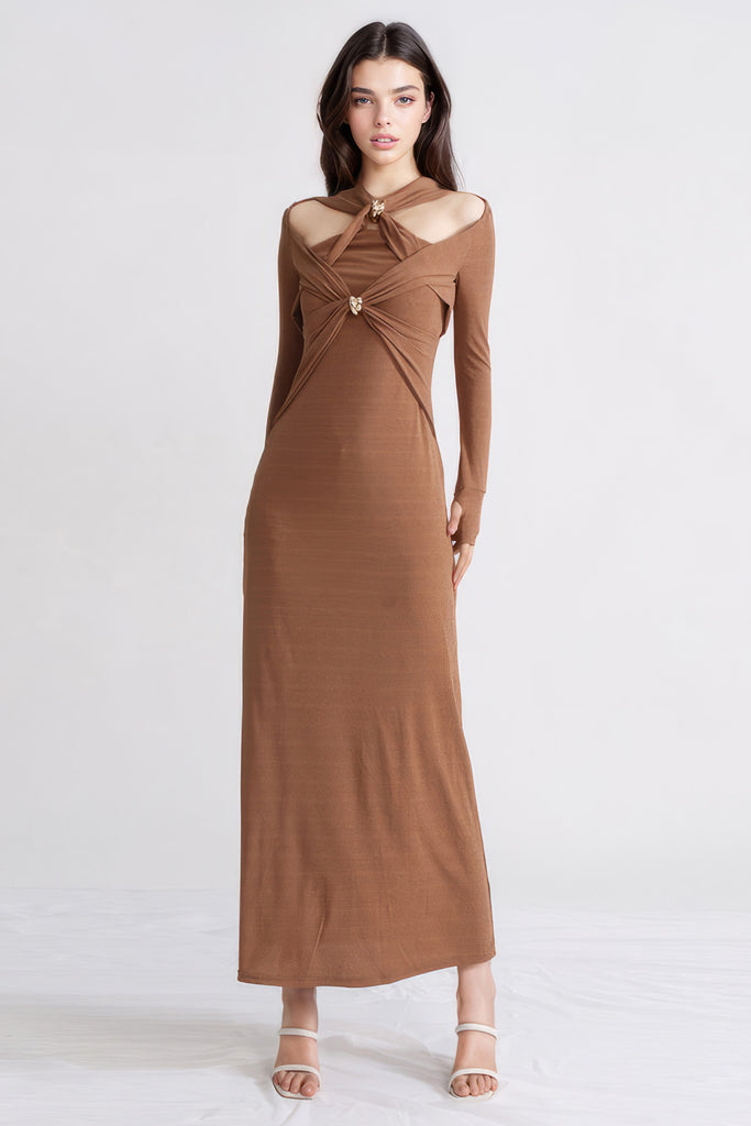 Elegante maxi jurk met lange mouwen - Bruin