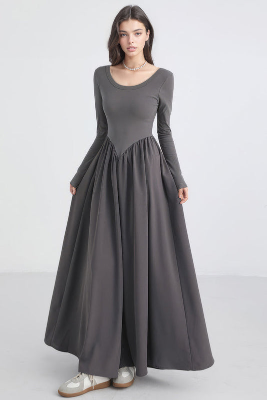 Maxi Vestido con Cintura en V - Gris