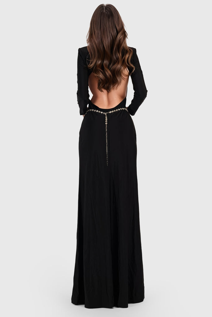 Sukienka maxi bez pleców z długim rękawem - czarna