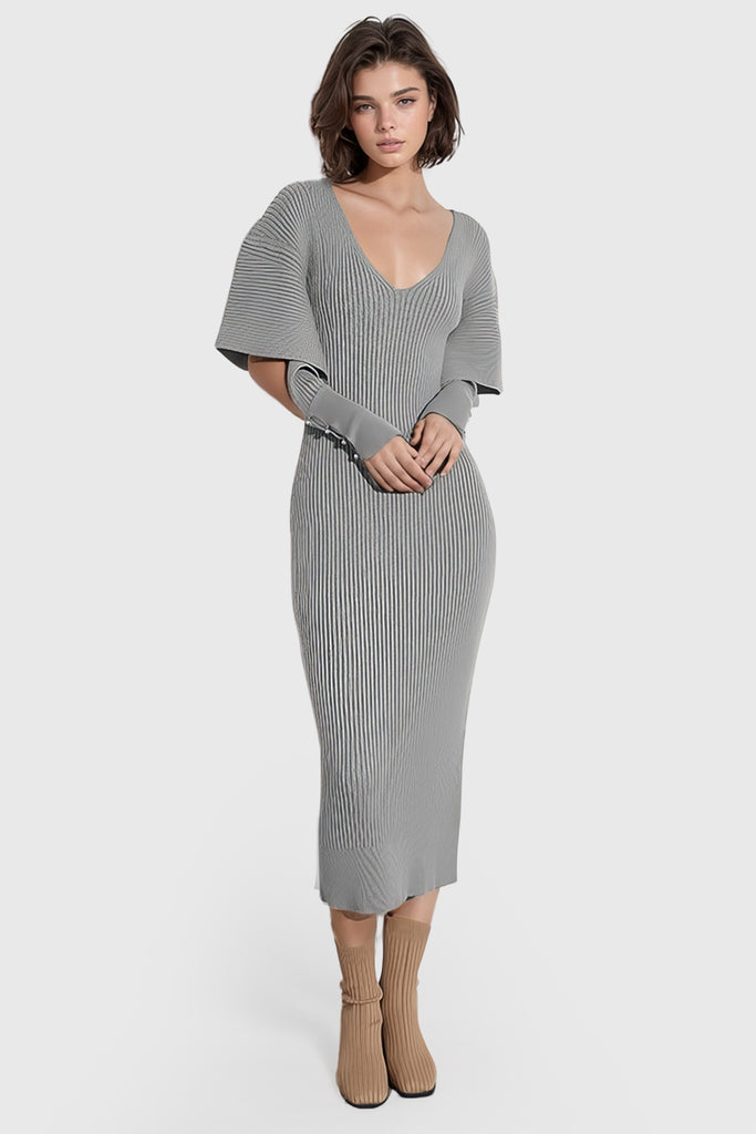 Robe midi à encolure en V et à côtes - Gris