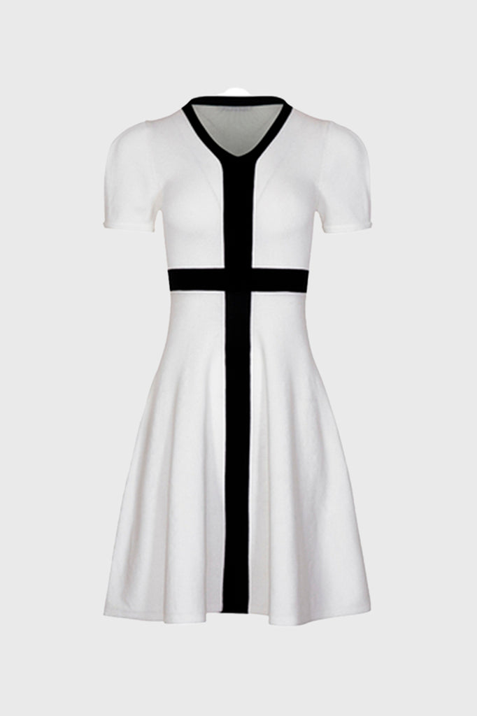 Contrasterende jurk met korte mouwen - Wit