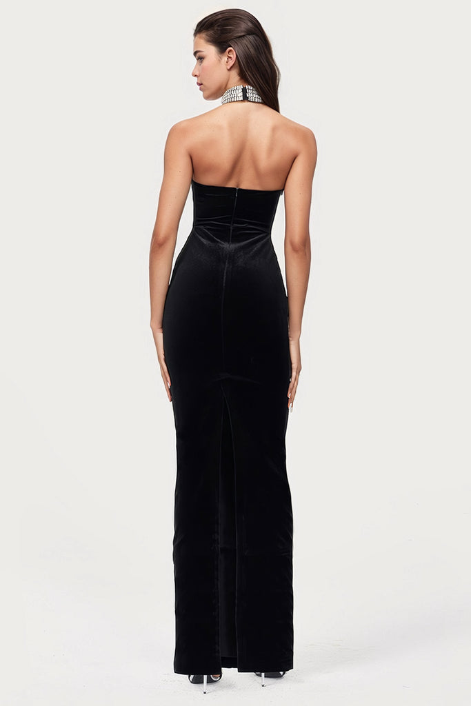 Plain Halter Neck Maxi Dress - Black