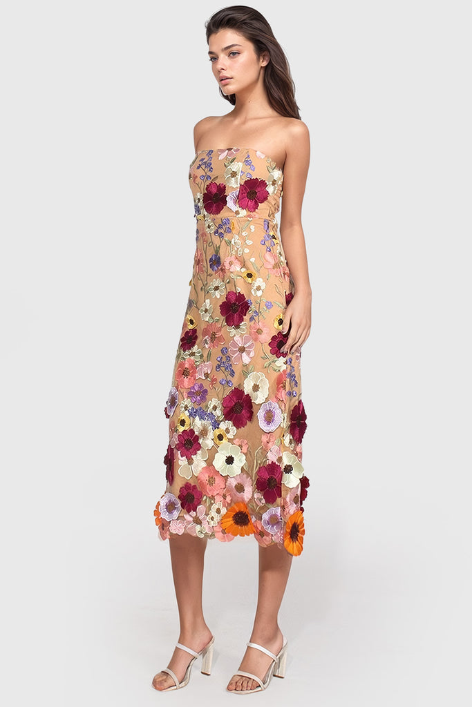 Kwiatowa sukienka midi bez ramiączek - beżowa