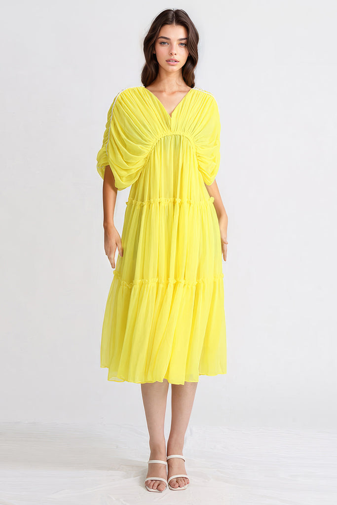 Sukienka midi ze skrzydlatymi rękawami - żółta