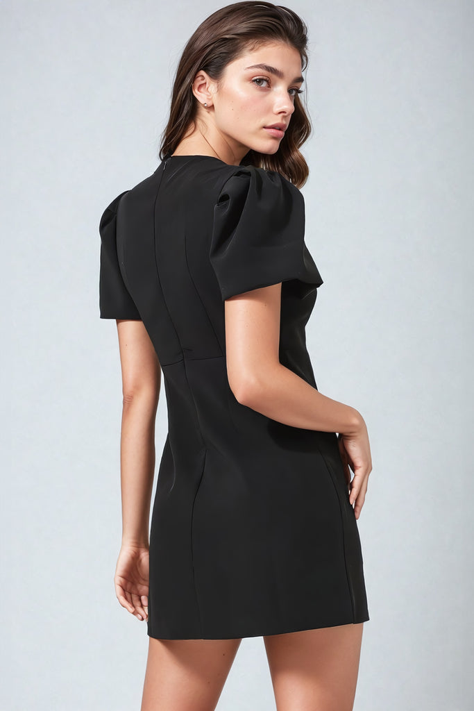 Mini jurk met korte mouwen en strikjes - Zwart