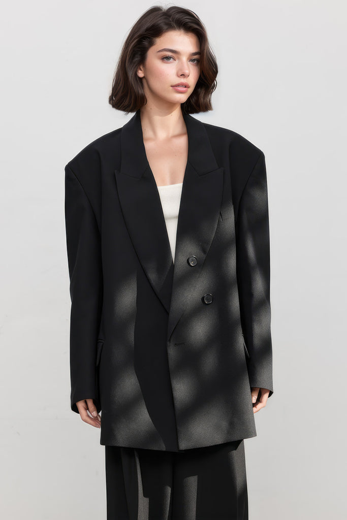Oversized Blazer with Button at Collar - Black