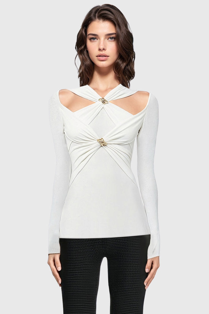 Long Sleeve Top with Gold Details - White