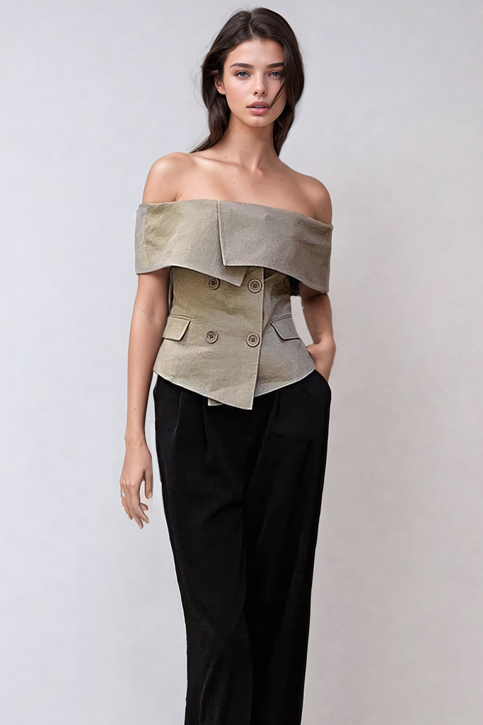 Off-Shoulder Top with Wide Collar and Front Buttons - Beige