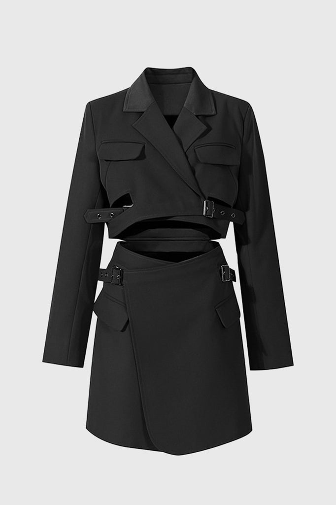 Short Blazer Dress with Belts - Black