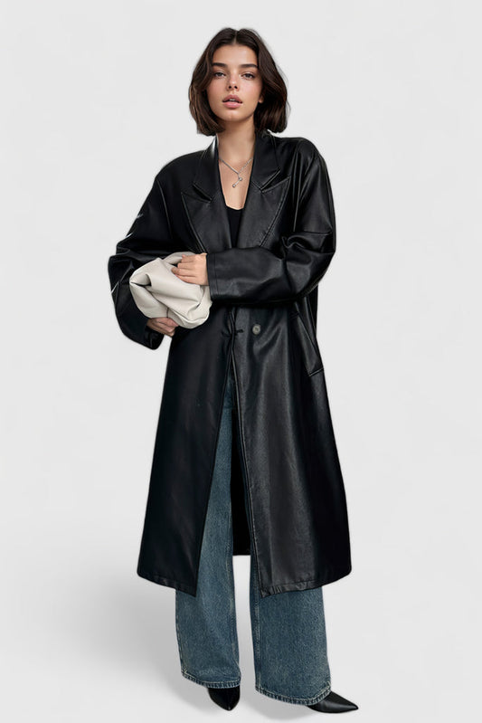 Trench-coat long en cuir - Noir