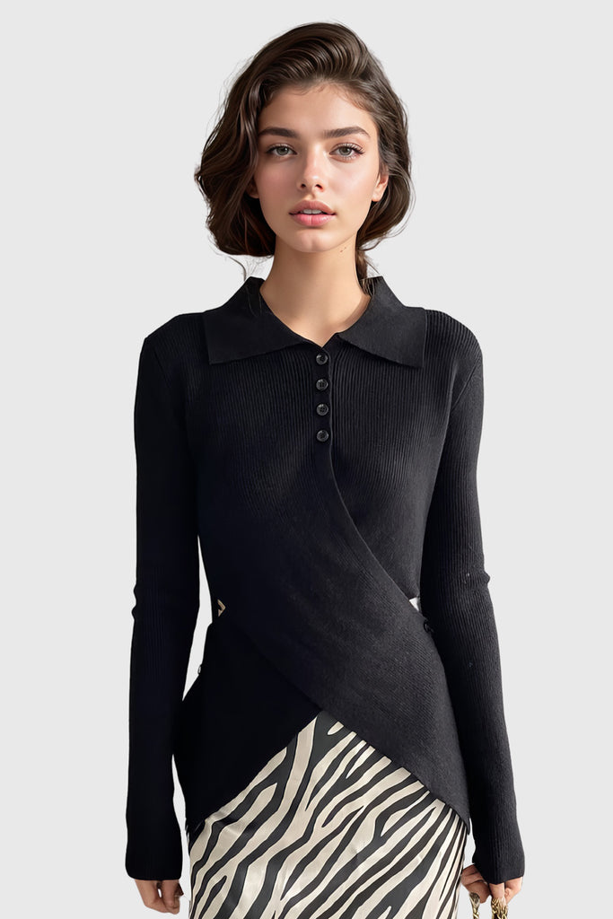 Knitted Top with Collar and Irregular Hem - Black