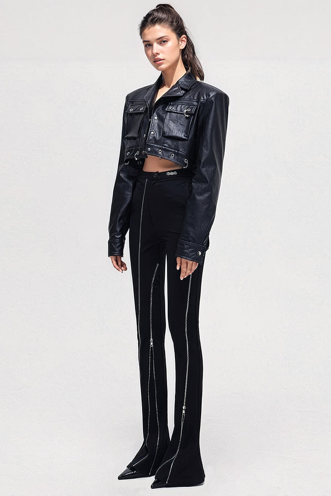 High-Waisted Trousers with Zip-Ups - Black