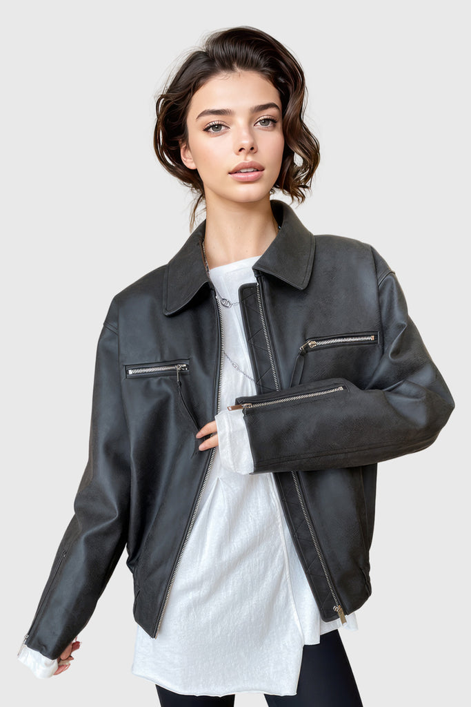 Minimal Leather Jacket with Zipper - Black