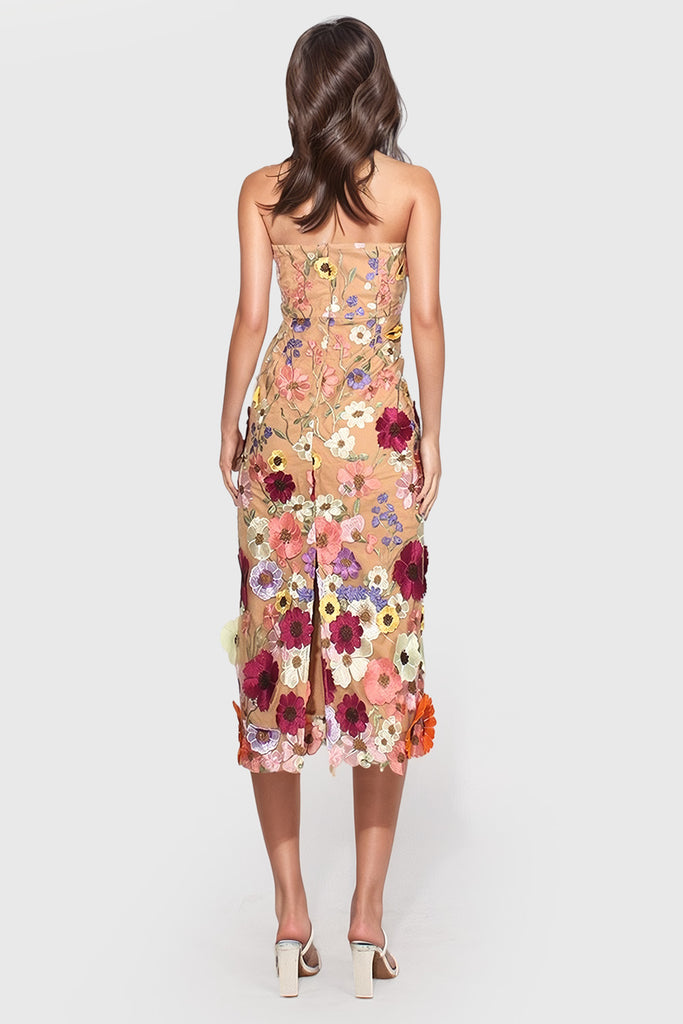 Strapless Floral Midi Dress - Beige