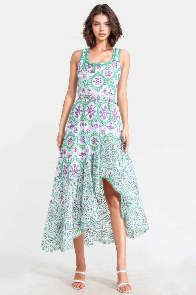 Wzorzysta nieregularna sukienka midi - zielona