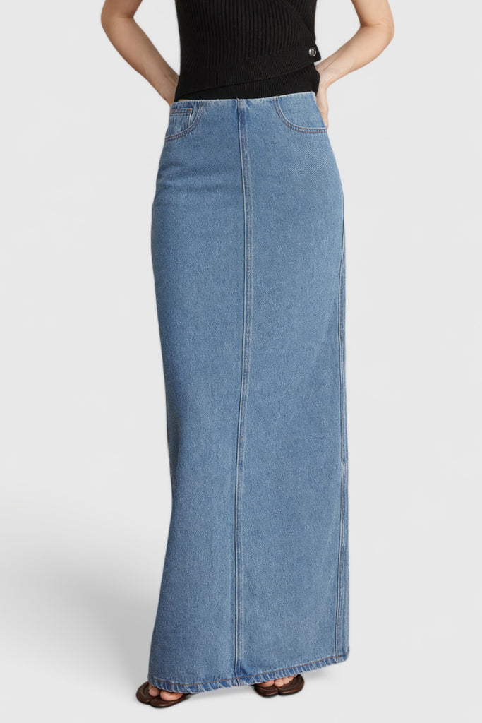 Saia Maxi Denim com cintura cortada - Azul