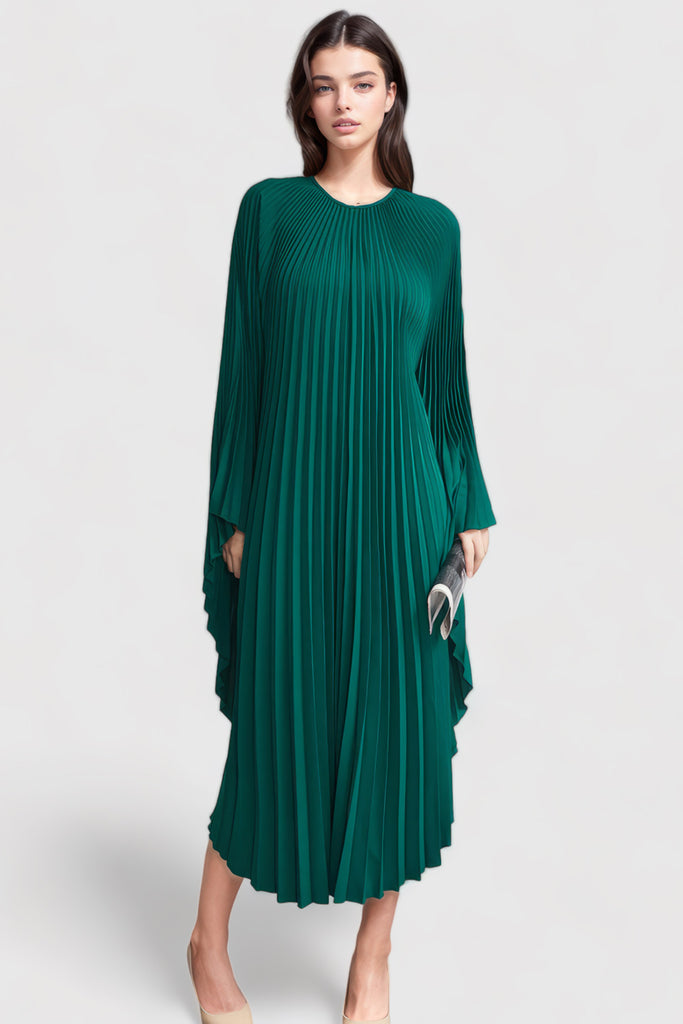 Plisowana sukienka maxi z długim rękawem - zielona