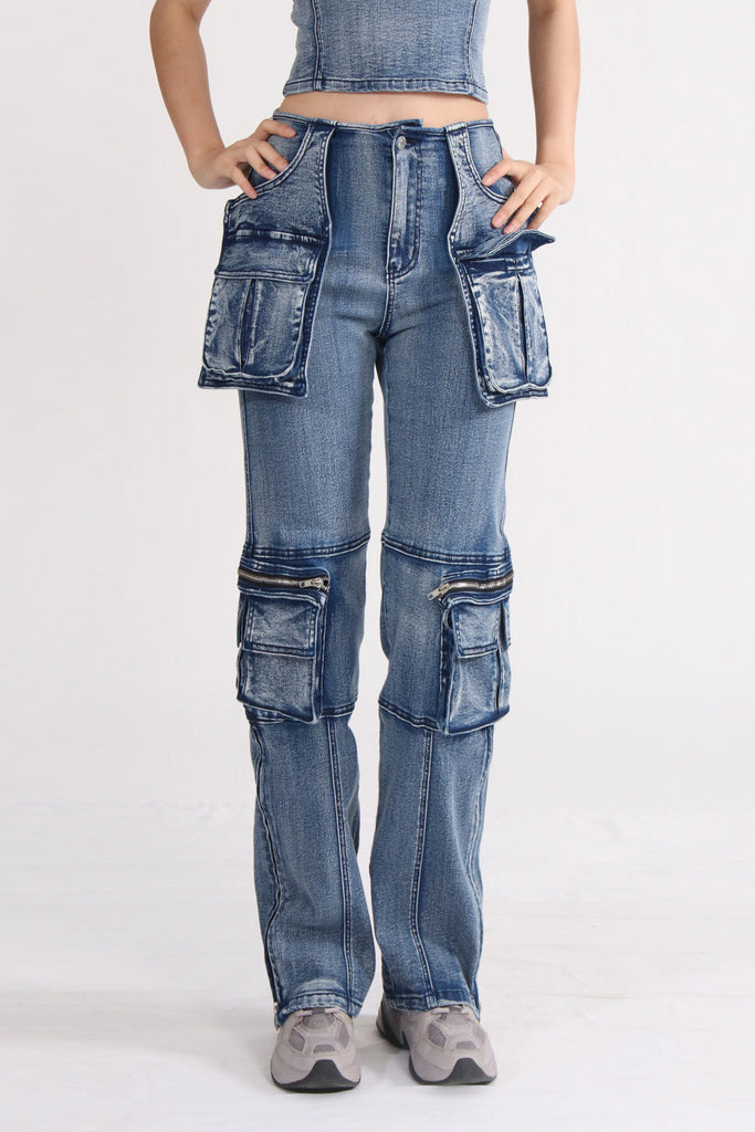 Cargo jeans met hoge taille - Blauw