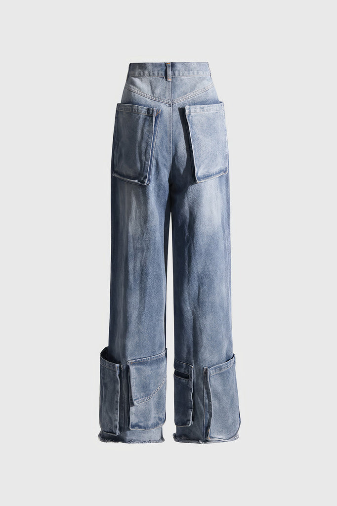Hochtaillierte Jeans mit Taschen am Saum - Blau