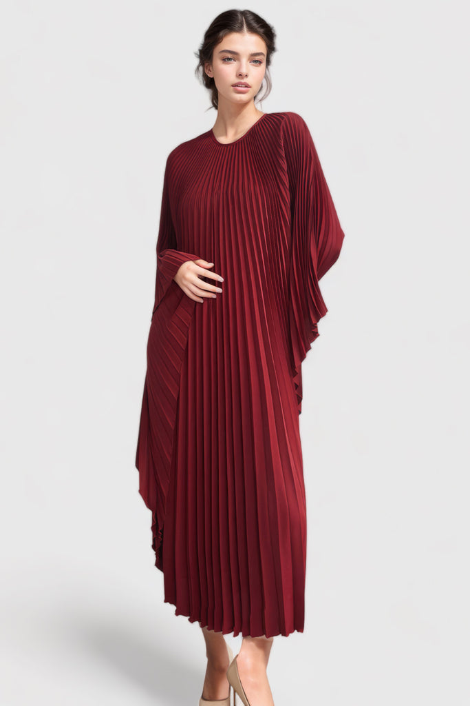 Pleated Maxi Dress with Long Sleeves - Burgundy