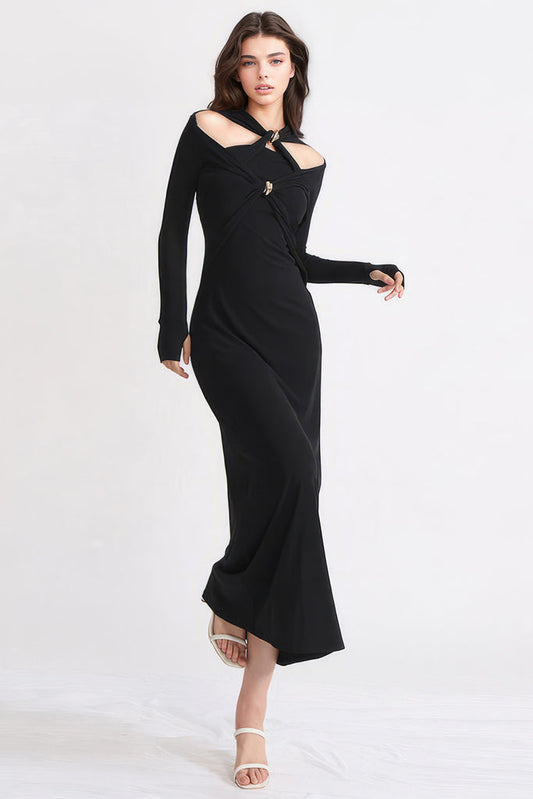 Vestido Maxi elegante com mangas compridas - Preto