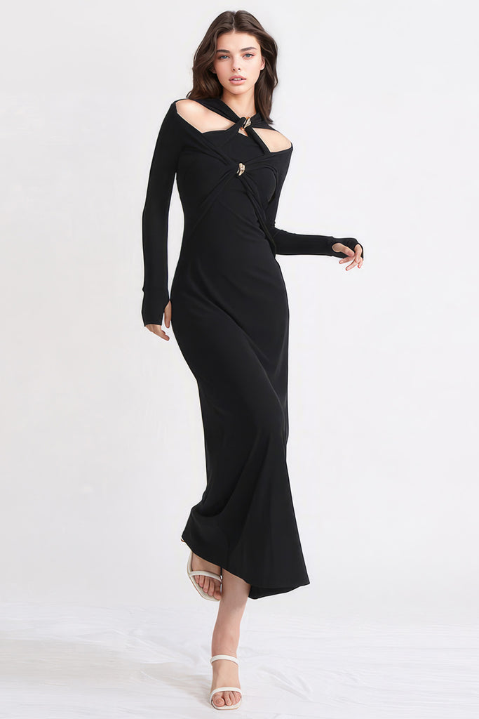 Elegant Maxi Dress with Long Sleeves - Black