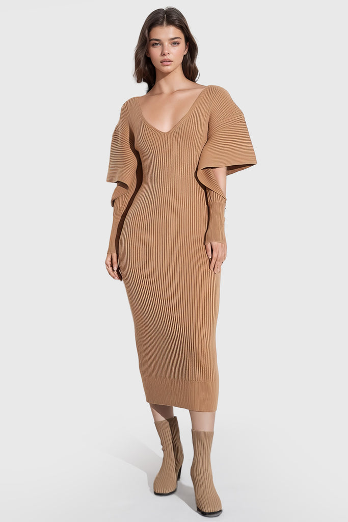 Robe midi à encolure en V et à côtes - Marron