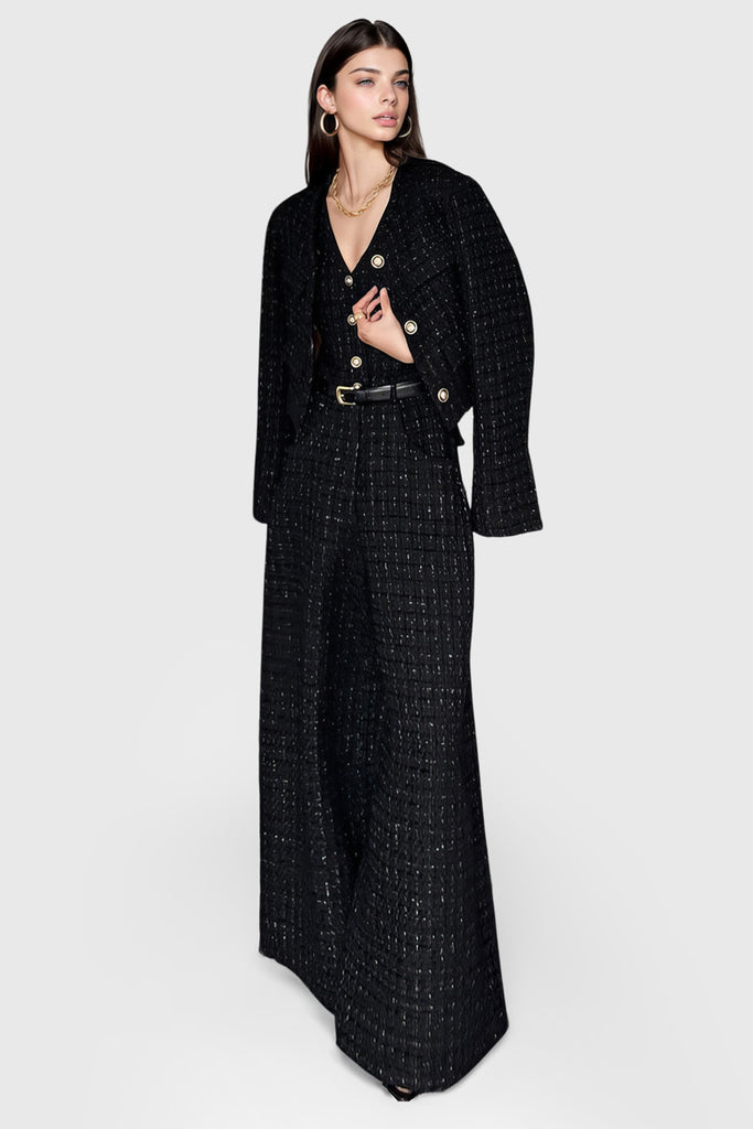 Textured 2-Piece Set with Jumpsuit and Short Jacket - Black