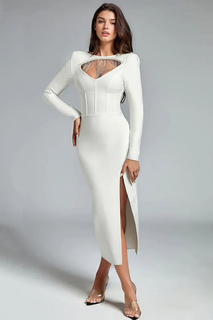 Vestido Midi con Corte y Abertura Delantera - Blanco