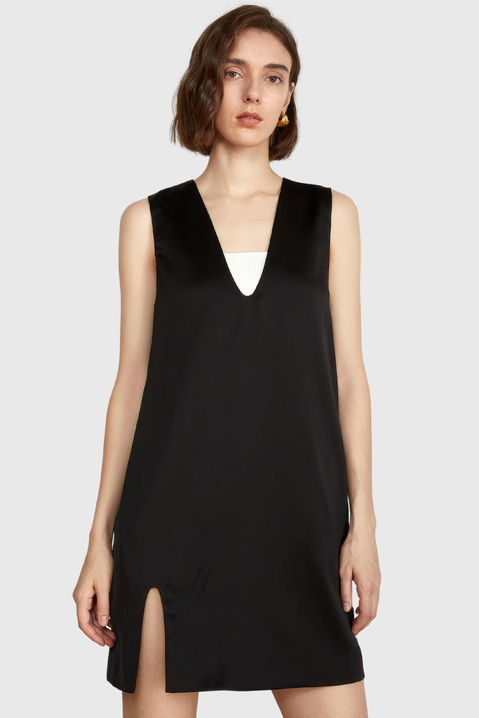 V-Neck Casual Mini Dress - Black